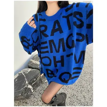 2022 Novo Suéter Azul Klein Mulheres Carta Solto e Casual Espessura de comprimento Médio Top de Malha Camisola de Inverno Oversize Japonês Pulôver