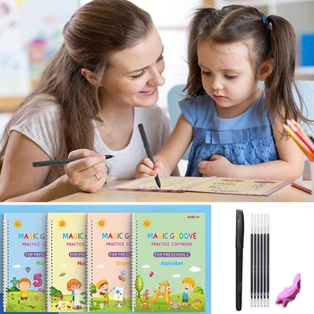 4 Pacotes de Mágica para Crianças Cadernos Mágico Manuscrito Livros Prática Copybook Packs Reutilizáveis Prática Copybook para Crianças