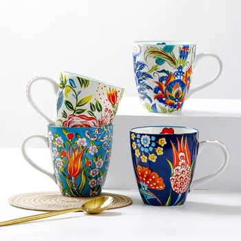 Cerâmicas pintadas à mão-Almoço Copos de 550ml de Grande Capacidade Padrão de Flor de Leite de Aveia Xícara de Café Requintado Caneca de Porcelana Branca