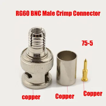 Cobre puro RG60 Conector BNC macho de cravação plug para 75-5 RG60 cabo coaxial, Conector BNC 3-peça crimpagem conector