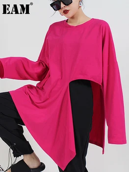 [EAM] as Mulheres de Rosa Vermelho Irregular de Fenda de Tamanho Grande Casual T-shirt Nova Rodada de Pescoço Longo da Luva de Moda Maré de Primavera Outono 2023 1DE8142