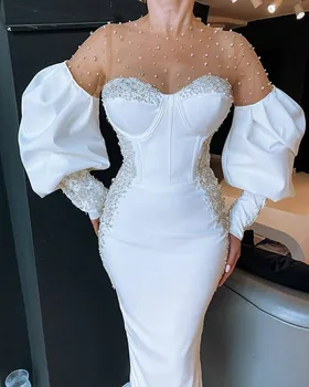 Elegante Branco O pescoço de Vestidos de Noite com Mangas Longas Pérolas Frisado árabe Vestidos Formais 2021 Dubai Longos Vestidos de Festa de Formatura