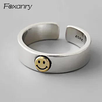 Foxanry Cor de Prata Anéis de Noivado Vintage Simples sorriso Artesanal anillo para as Mulheres, os Acessórios do Casamento Jóias