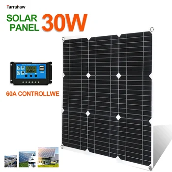 Home Sistema Solar 30W 2USB5V 18V DC Painel Solar Fotovoltaico Kit 60A Controlador Caravana de Energia Bateria Carregamento Exterior do Módulo fotovoltaico