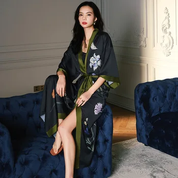 Impressão preto Flor 2022 Verão Novo Kimono Veste de Mulher roupa de dormir Íntima, Lingerie, Meia Manga da Camisola Longa ROUPÃO Vestido