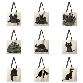 Lápis pintura gato impresso bolsa das mulheres tapberva bolsa bolsa de ombro de senhoras exterior, casual, bolsa de mão dobrável saco de compras