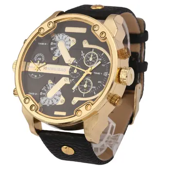 Marca Shiweibao Relógios De Quartzo Moda Masculina De Relógio Pulseira De Couro Dourado Caso Relógio Masculino Dupla Fusos Horários Militar Relógio De Pulso
