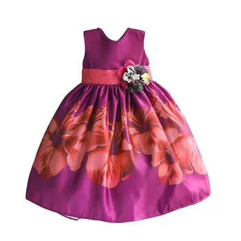 Natal da Menina de Vestido de Festa Grande Flor de Rosa Impressão Vestido de baile Pérola Colar de Crianças de Casamento a Roupa vestido infantil 3-8T