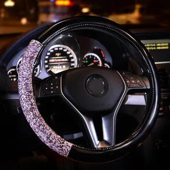 Novo design de Diamante, de Cristal de Carro Volante Capa de Couro Strass Capa para volante Mulheres Universal 38cm Estilo Carro