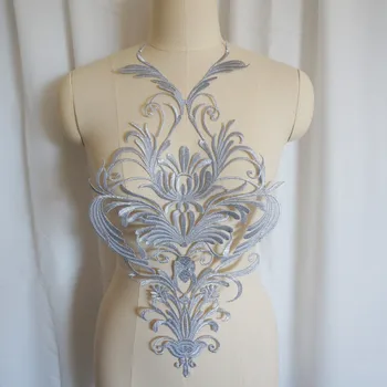 Prata grande Bordado Barroco Apliques de Flores Vestido de Gola de Ferro Costurar Patch de Casamento de Noiva, Vestido de Roupas de Decoração DIY Artesanato