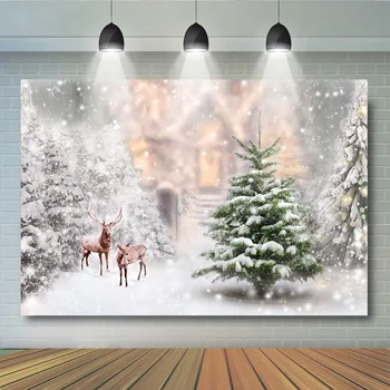 Renas de natal de Neve de Fundo inspirada Árvores de Natal Fantasy Forest pano de Fundo para a Fotografia a Casa de Madeira Photocall