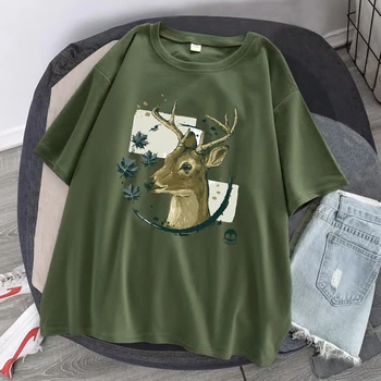 Veado Pintura De Transporte Na Floresta Homem Camiseta De Algodão Respirável Tshirts O-Pescoço Confortável T-Shirt Rua Tee Roupas De Homens Tops