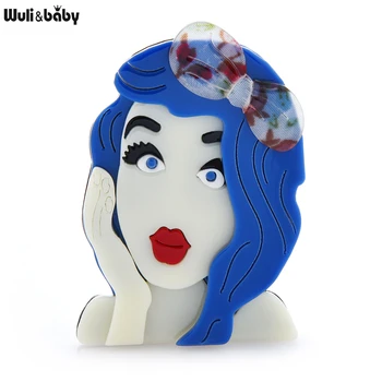 Wuli&bebê Acrílico Desgaste Bowknot Pensamento Senhora Broches Para as Mulheres de Cabelo Azul Garota Figura Festa Casual Broche Presentes