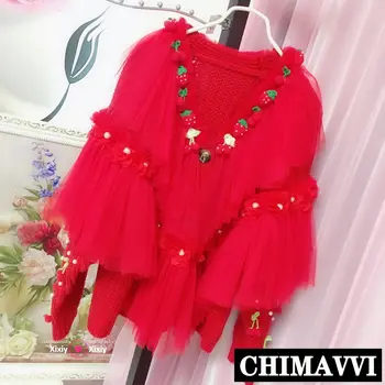 2020 Novas de Outono e Inverno coreano Malha de Emenda Flor Suéter para as Mulheres Solta Vermelho Casaco de Malha Quente Malhas