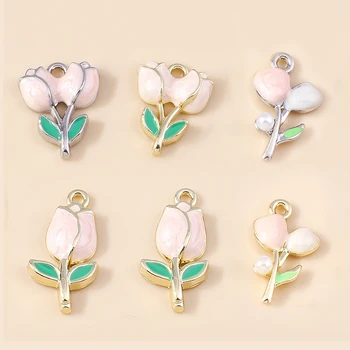 5pcs Lindo Esmalte Rosa Flor de Encantos para Brincos Tulip Lily Pingente Artesanal DIY Fazer Jóias Acessórios