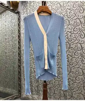 Alta Qualidade de Mulheres de Camisola Cardigans 2021 Outono Vestuário de Senhoras V-Pescoço Listrado de Cores do Bloco de Bolso de Malha Deco Azul Preta