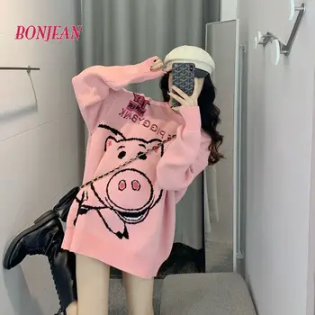 Camisola cor-de-rosa de Moda Japonesa Mulheres 2020 Bonito Porco do Outono e Inverno Quente de Malha Solta de grandes dimensões Camisola coreano Kawaii Puxar Femme