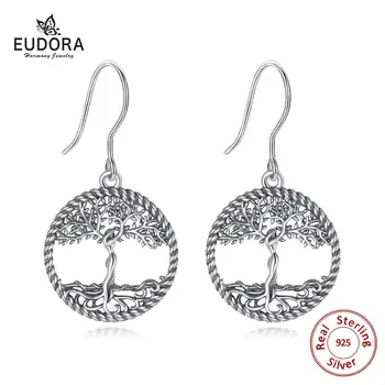 Eudora 100% 925 Silver Árvore da vida Soltar Brinco Vintage oxidado prata Mulheres brincos Moda das Mulheres de Jóias de Presente E119