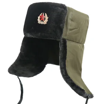 Exército Soviético Militar Emblema Da Rússia Ushanka Bombardeiro Chapéus-Piloto De Caçador Trooper Chapéu De Inverno Falso Pele Do Coelho Earflap Homens De Neve Caps