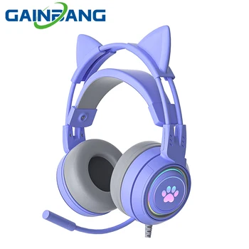 Gato de Ouvido com Fio Fones de ouvido Com Microfone de Luz RGB Fones de ouvido USB 9D Estéreo Jogo Música em Fones de ouvido Para Computador PC/PS4/Xbox