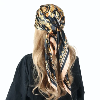 Lenço de cabeça, as Mulheres Marca de Luxo de Praça 90*90 cm Foulard de Seda, Cetim Bandana Cheveux Macio Lenço Hijab Lenços de Cabelo Para Senhoras