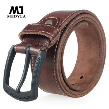 MEDYLA marca cinto de mens natural de alta qualidade em couro genuíno cintos para homens rígido de metal preto fosco fivela de cinto de couro verdadeiro