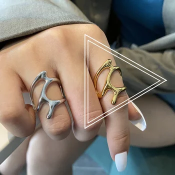 Moda Vintage Geométricas Textura de Metal do Anel Irregular Oco Ramo Anéis Ajustáveis para Mulheres de Personalidade Feminina Jóia do Partido