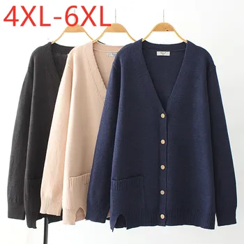 Novas senhoras de outono inverno plus size suéter de malha jaqueta para mulheres grandes manga longa solta azul cardigan suéter casaco 4XL 5XL 6XL