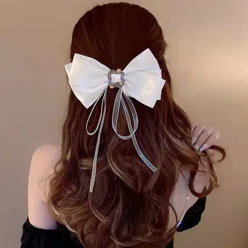 O coreano Preto Branco Grande Arco Grampo de Cabelo Para Mulheres Meninas de Casamento Longa Fita Grampos de cabelo elegante Strass Barrete Acessórios de Cabelo