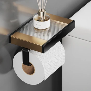 Ouro preto Suporte do Papel Higiénico com o Espaço de Prateleira de Alumínio Acrílico Nogueira Rolo de Papel Toalha de Tecido Cabide para WC casa de Banho Cozinha