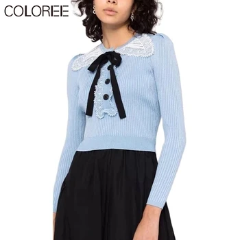 Pista Designers Tops Mulheres 2021 Outono Inverno Elegante Arco Rendas Na Gola Manga Longa Camisola De Malha De Mulheres Brancas Pullover Azul