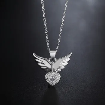 Prata 925 Esterlina de 18 polegadas Zircão elegante Coração asas Pingente de Colar Para Mulheres, Moda Jóias Presentes de Natal