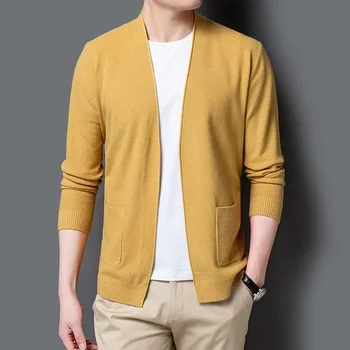 Primavera dos Homens Cardigan coreano Camisola de Malha Fina Slim V-pescoço Longo da Luva Superior Meninos Amarelo Camisola Oversize Xxxl Casual Malhas