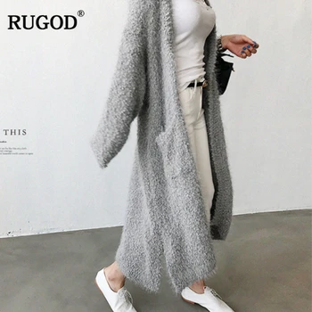 RUGOD 2020 Outono, Moda de Pelúcia Cardigans de Malha Com Bolsos Selvagem Long Cardigan Suéter Casaco, Suéter de Inverno Cardiagns