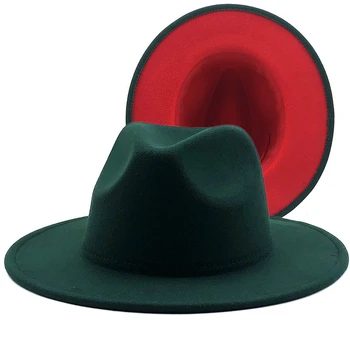 Simples Externa verde Escuro Interior vermelho de Feltro de Lãs de Jazz Chapéus de Fedora com Cinto Fino com Fivela Homens Mulheres Aba Larga Panamá Trilby Cap 56-60 CM