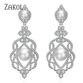 ZAKOL de Luxo Flor de Cz Zircônia Cristal de Longa Dangle Brincos para Mulheres Elegantes de Casamento de Noiva Pérola Jóias EP2331
